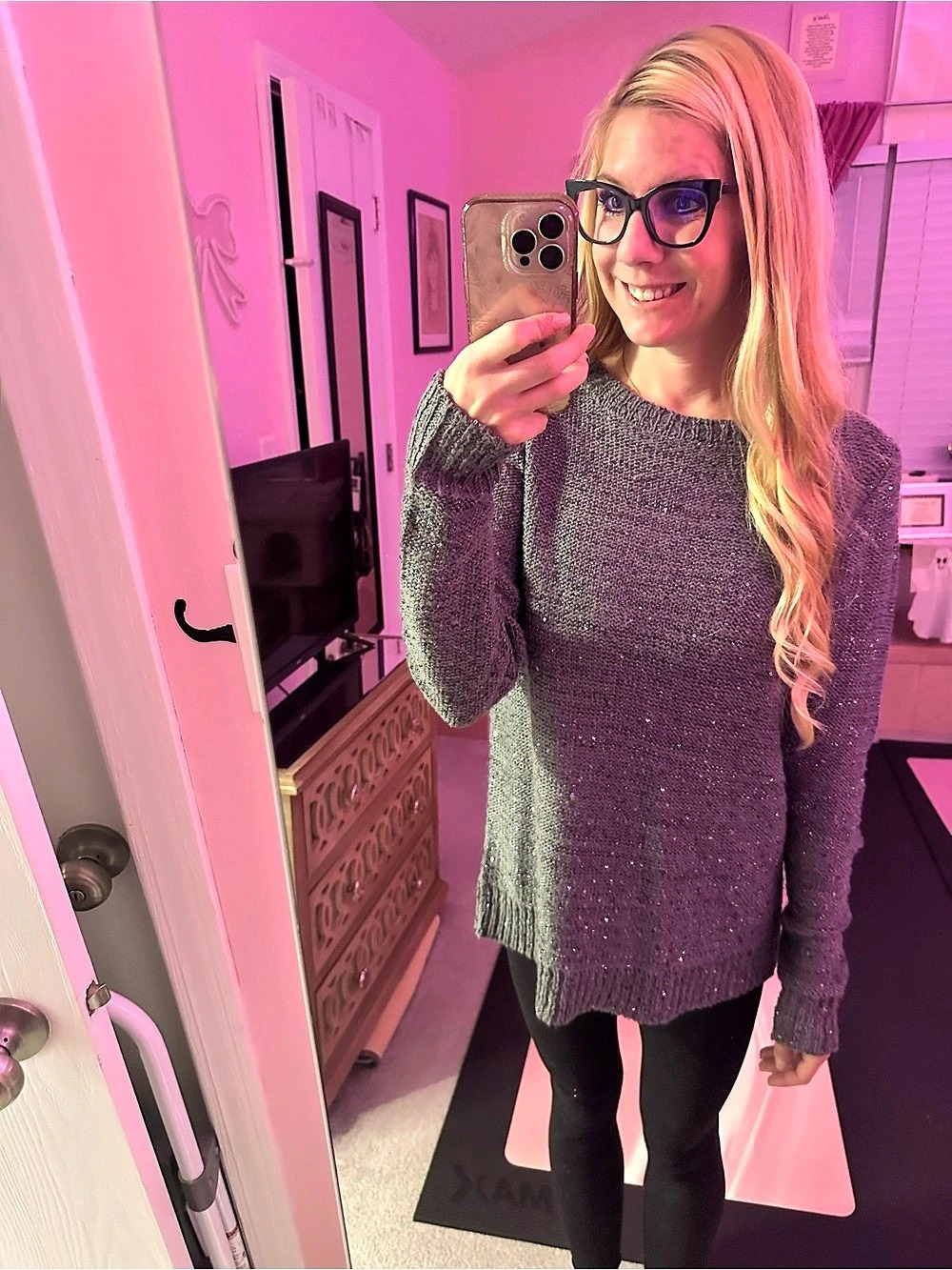 Gunmetal Gray Sequined Sparkle Lace Up Back Sweater